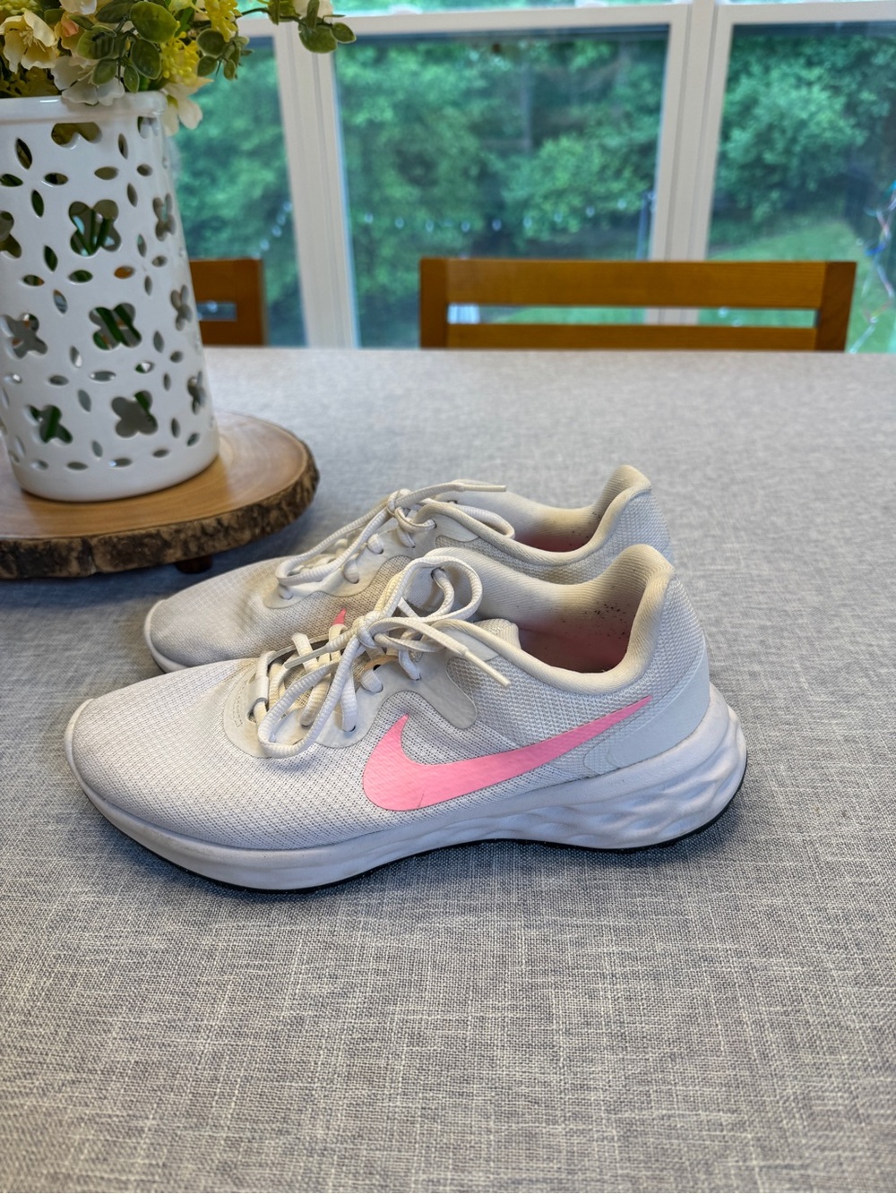 Nike Women's White Sneakers with Pink Swoosh